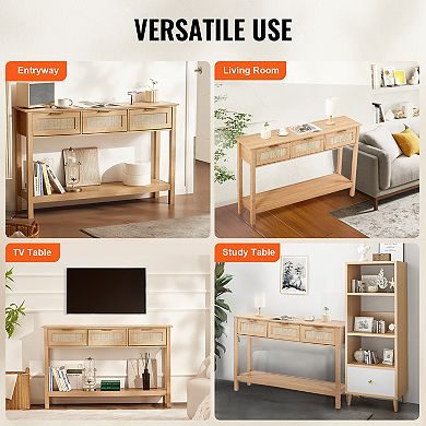 Rattan Console Table with 3 Storage Drawers for Living Room, Natural