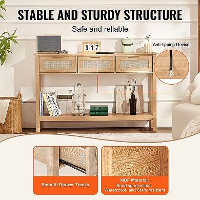 Rattan Console Table with 3 Storage Drawers for Living Room, Natural