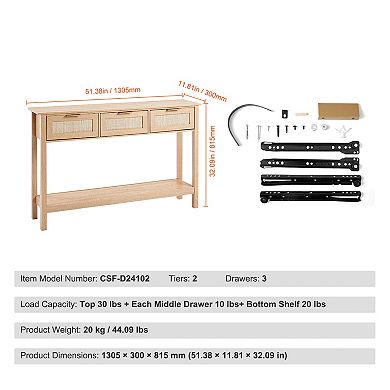 Rattan Console Table with 3 Storage Drawers for Living Room, Natural