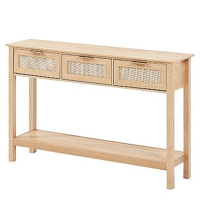 Rattan Console Table with 3 Storage Drawers for Living Room, Natural