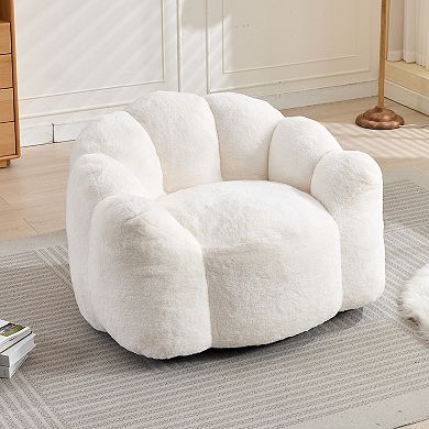 Lotus Style Compression Sofa Adult Bean Bag with Pull Ring, White Plush, 43.7 x 39.76 x 26.77 inches
