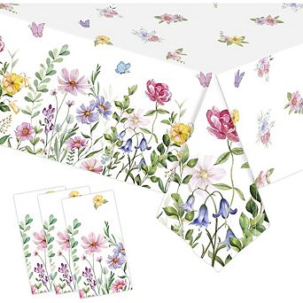 Spring Floral Tablecloth 3-Pack, Disposable Waterproof Plastic Butterfly Covers