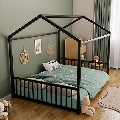 Merax Full Size Montessori Style Metal Floor Bed Frame, House Shaped Bed