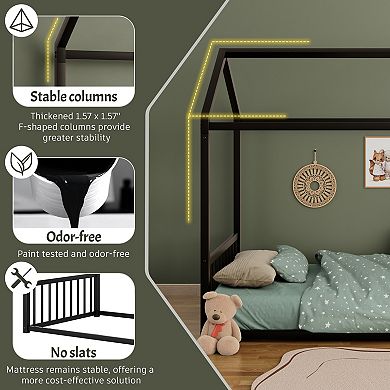 Merax Full Size Montessori Style Metal Floor Bed Frame, House Shaped Bed