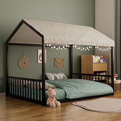 Merax Full Size Montessori Style Metal Floor Bed Frame, House Shaped Bed
