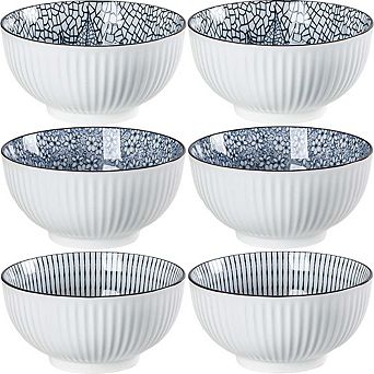 6 pc Ceramic Rice & Soup Bowls Set, 30oz, Blue & White, Japanese Style