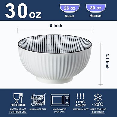 6-Piece Ceramic Rice & Soup Bowls Set, 30oz, Blue & White, Japanese Style