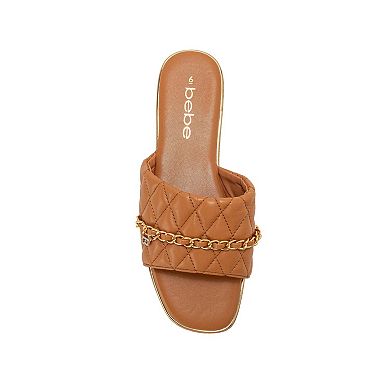 bebe Womens Quilted Slide Sandals with Chain Detail Slip On Flats