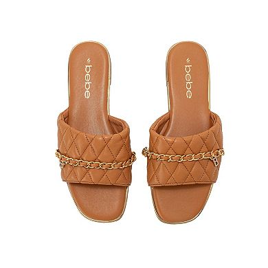 bebe Womens Quilted Slide Sandals with Chain Detail Slip On Flats
