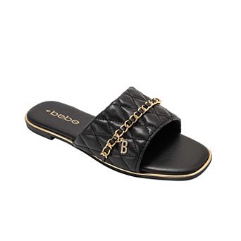 bebe Womens Quilted Slide Sandals with Chain Detail Slip On Flats
