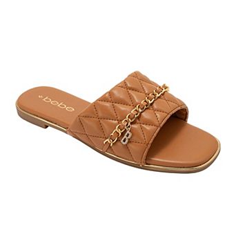 bebe Womens Quilted Slide Sandals with Chain Detail Slip On Flats
