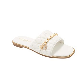 bebe Womens Quilted Slide Sandals with Chain Detail Slip On Flats