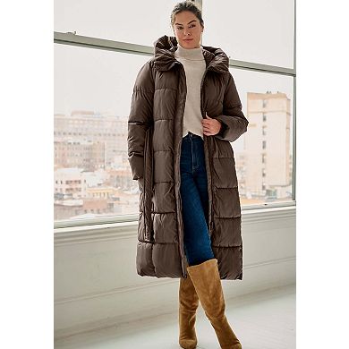 Ellos Plus Size Long Belted Puffer With Hood