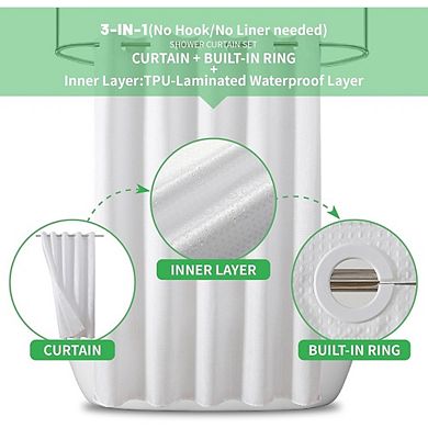 Waterproof Waffle Weave Shower Curtain, No Hook, Machine Washable, Weighted Hem