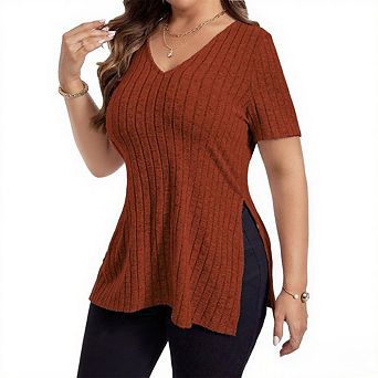 Women's Casual Tops V Neck Solid Color Shirts Lightweight Short Sleeve Blouses