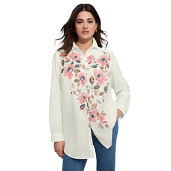 Roaman's Women's Plus Size Kate Cambric Cotton Printed Long Sleeve Shirt