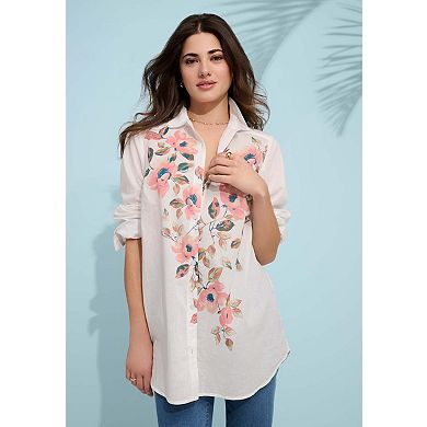 Roaman's Women's Plus Size Kate Cambric Cotton Printed Long Sleeve Shirt