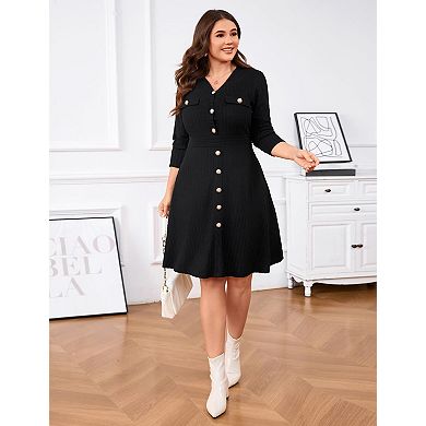 Women's Plus Size V Neck Long Sleeve Dress Button Down Ribbed Knit A Line Swing Dresses