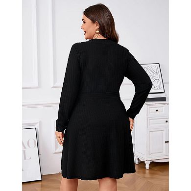 Women's Plus Size V Neck Long Sleeve Dress Button Down Ribbed Knit A Line Swing Dresses