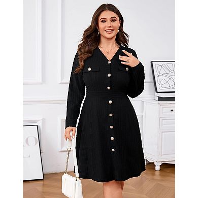 Women's Plus Size V Neck Long Sleeve Dress Button Down Ribbed Knit A Line Swing Dresses