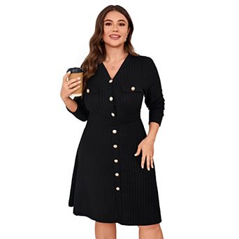 Women's Plus Size V Neck Long Sleeve Dress Button Down Ribbed Knit A Line Swing Dresses