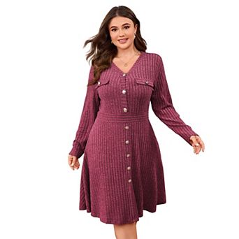 Women's Plus Size V Neck Long Sleeve Dress Button Down Ribbed Knit A Line Swing Dresses