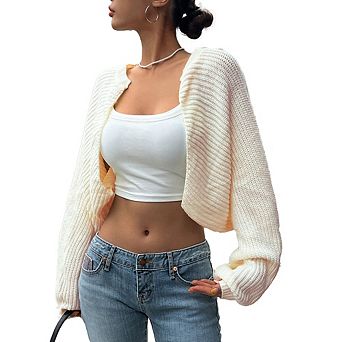Women's Ribbed Knit Cropped Long Sleeve Open Front Cardigan