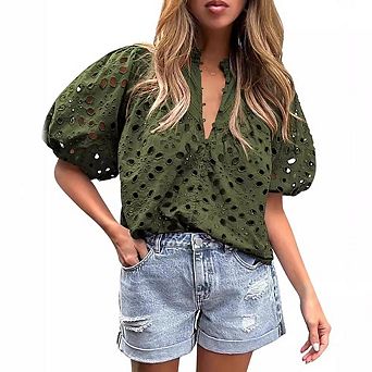 Women's Eyelet Embroidery Puff Short Sleeve V Neck Casual Blouse