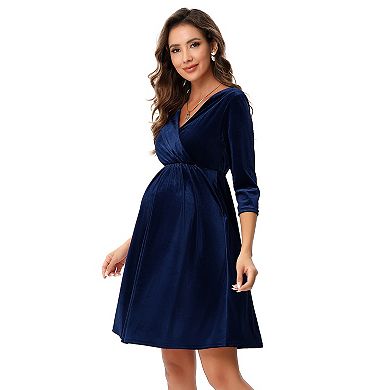 Women's Maternity 3/4 Sleeve V-Neck A Line Midi Dress