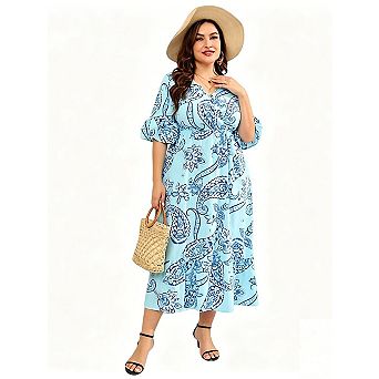 Women's Plus Size V Neck Maxi Dress Short Flounce Sleeve Tiered Long Dress with Elastic Waist