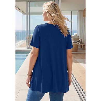 Roaman's Women's Plus Size Ultra Drape V Neck Short-Sleeve Swing Tunic