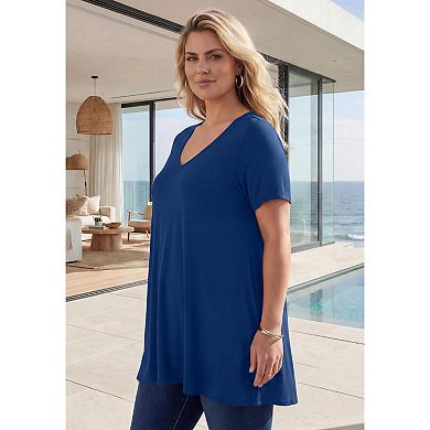 Roaman's Women's Plus Size Ultra Drape V Neck Short-Sleeve Swing Tunic
