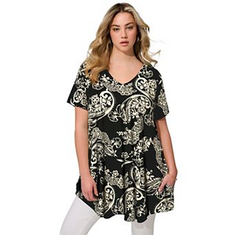 Roaman's Women's Plus Size Ultra Drape V Neck Short-Sleeve Swing Tunic