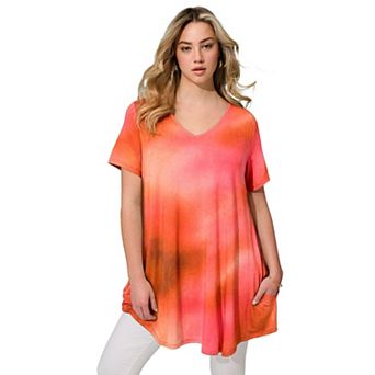 Roaman's Women's Plus Size Ultra Drape V Neck Short-Sleeve Swing Tunic