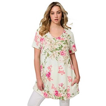 Roaman's Women's Plus Size Ultra Drape V Neck Short-Sleeve Swing Tunic