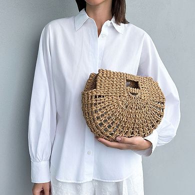 Adornia Natural Straw Arc Clutch Bag