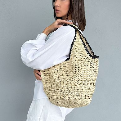 Adornia Raffia Oversized Hobo Shoulder Bag With Black Edging