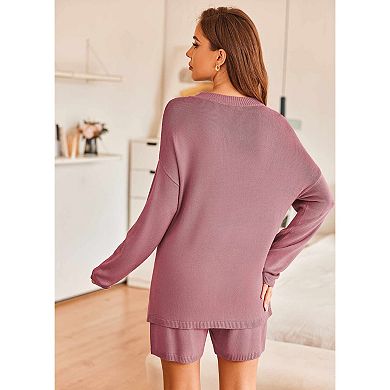 Elouaer Sweater Sets Women Two Piece Lounge Long Sleeve Knit Pullover Tops Short Wide Leg Pants