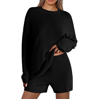 Elouaer Sweater Sets Women Two Piece Lounge Long Sleeve Knit Pullover Tops Short Wide Leg Pants