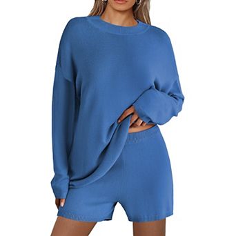 Elouaer Sweater Sets Women Two Piece Lounge Long Sleeve Knit Pullover Tops Short Wide Leg Pants