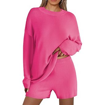 Elouaer Sweater Sets Women Two Piece Lounge Long Sleeve Knit Pullover Tops Short Wide Leg Pants