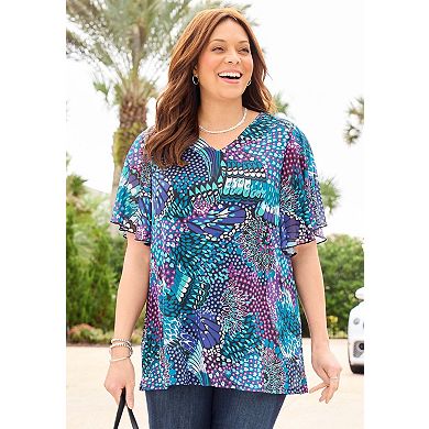Catherines Women's Plus Size Mesh Flutter Sleeve Top