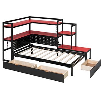 Merax Daybed with Integrated Desk and LED Light Modern Wooden Bed Frame with 3 Storage Drawers