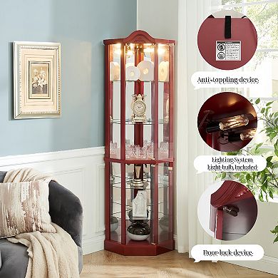Merax Glass Cabinet Lighted Corner Cabinet Corner Display Curio Cabinet, Glass Display With Light