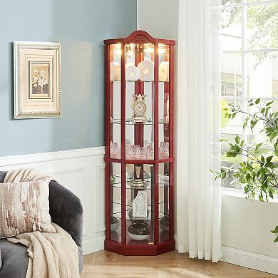 Merax Glass Cabinet Lighted Corner Cabinet Corner Display Curio Cabinet, Glass Display With Light