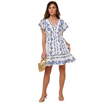 Roaman's Women's Plus Size Printed V-Neck Ruffle Sleeve Mini Dress