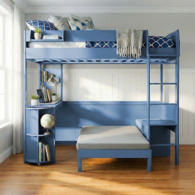 Merax Full Size Wood Loft Bed with Desk, Bedside Storage Shelf, Sofa and Light