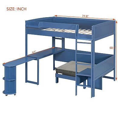 Merax Full Size Wood Loft Bed with Desk, Bedside Storage Shelf, Sofa and Light