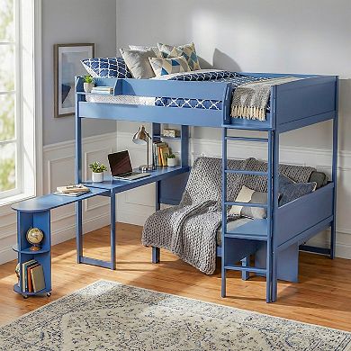 Merax Full Size Wood Loft Bed with Desk, Bedside Storage Shelf, Sofa and Light