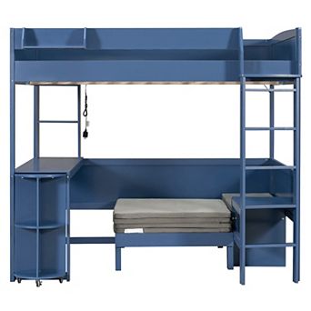 Merax Full Size Wood Loft Bed with Desk, Bedside Storage Shelf, Sofa and Light